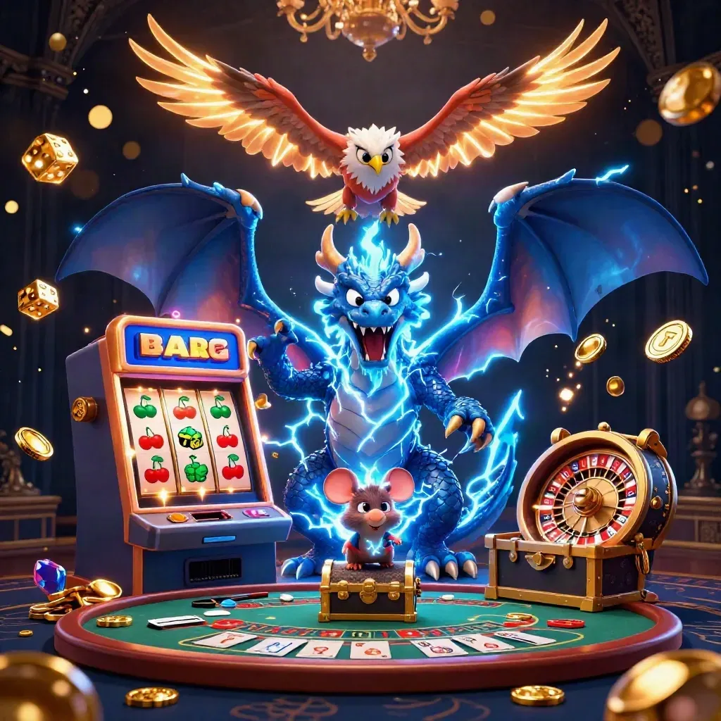 Thunder dragon, wind hawk, and static mouse amid casino glow, slot burst, dice, coins, and roulette.