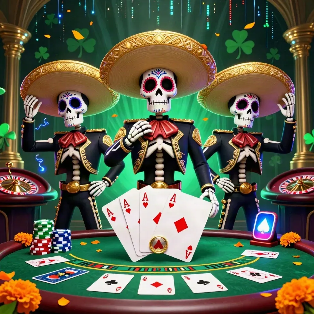 Skeleton mariachi trio amid casino cards, chips, neon energy, and a glowing roulette spin