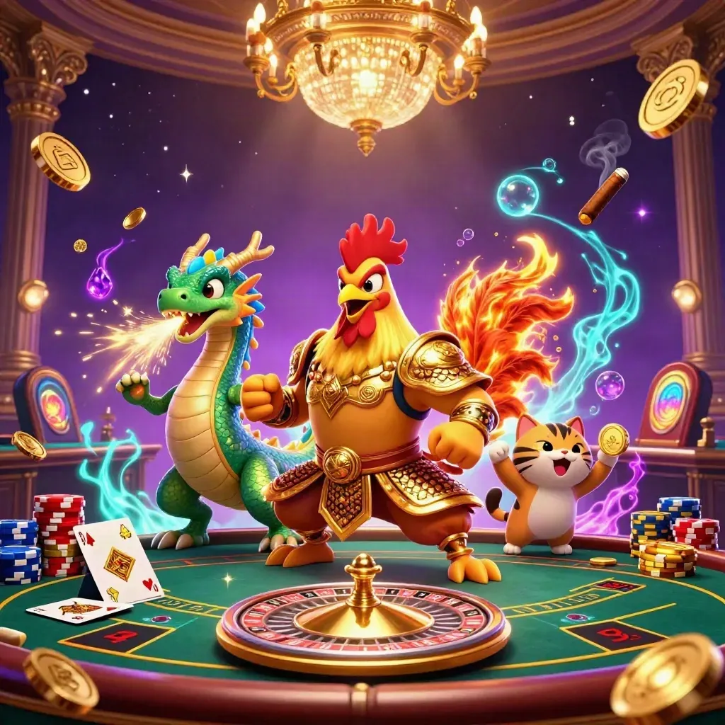 Rooster warrior, dragon hatchling, and fortune-cat amid luxury casino lights, coins, cards, and a spinning wheel.