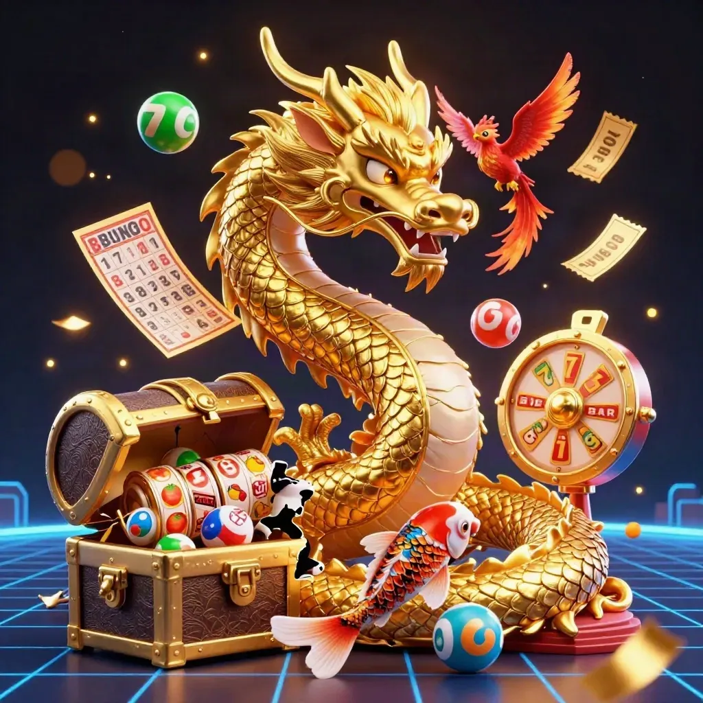 Golden dragon, red phoenix, and koi amid casino tokens in neon-lit treasure chaos.