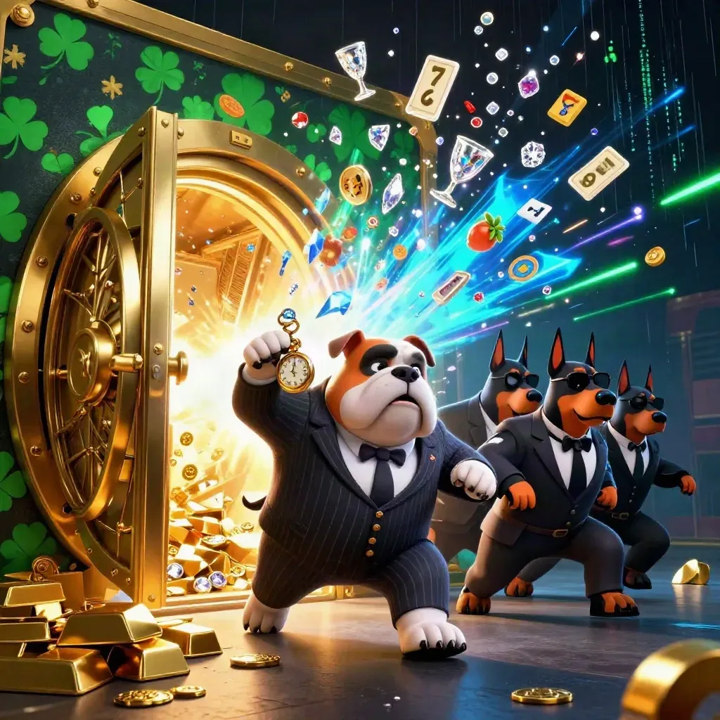 Bull dog boss and two Dobermans burst from a gold vault amid gems, neon green sparks and loot.