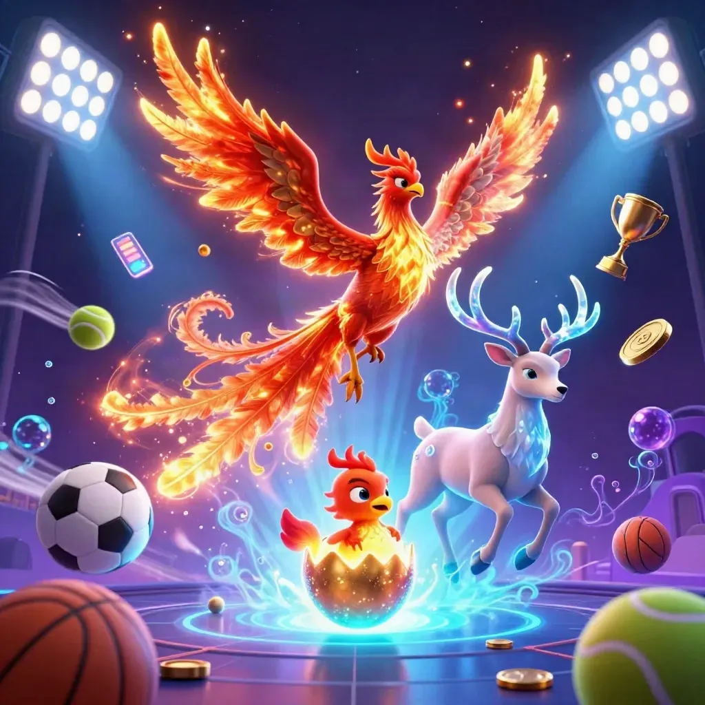Fire phoenix, hatching baby phoenix, and crystalline stag amid sports balls, trophy, coins, and blue glow.