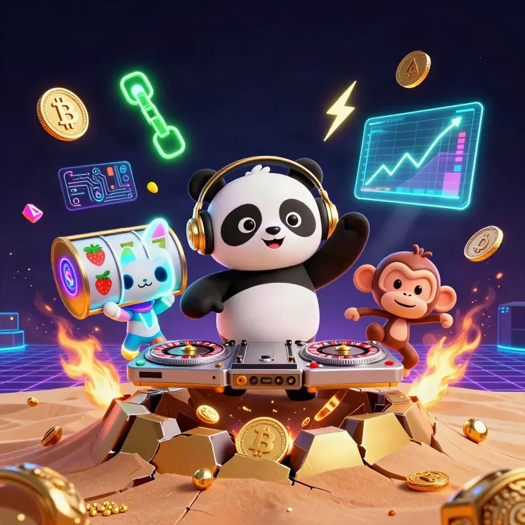 DJ panda, monkey, and glow-stick kitten burst through a gold vault with crypto coins
