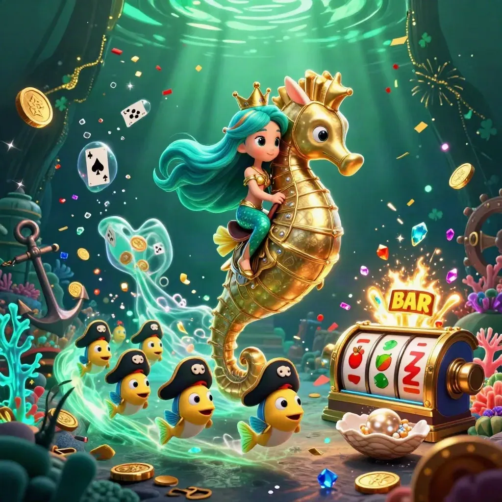 Mermaid princess on an armored seahorse amid treasure, fish pirates, cards, coral, and neon glow.