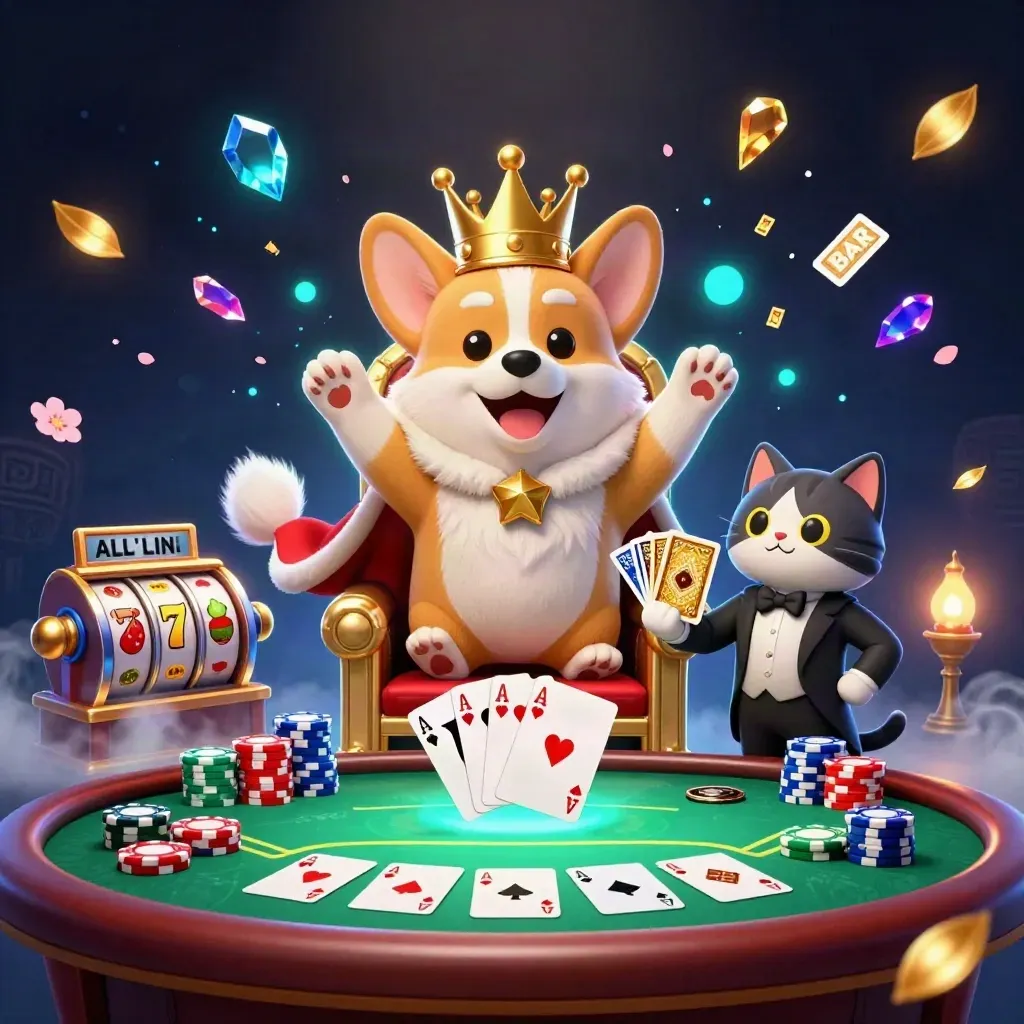 Royal corgi king and cat butler amid casino chips, cards, runes, and glowing treasure bursts.