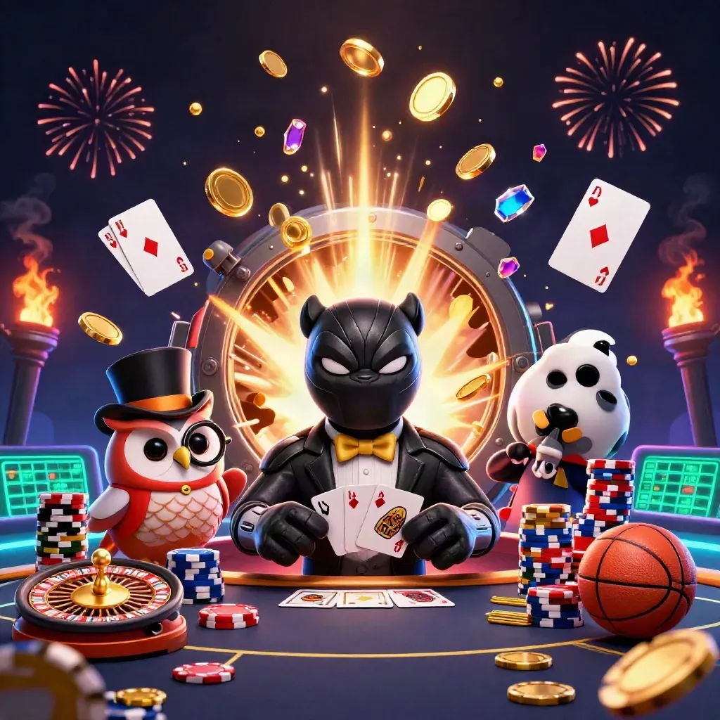 Panther, owl and mouse celebrate amid exploding coins, gems, fireworks and sports betting symbols.