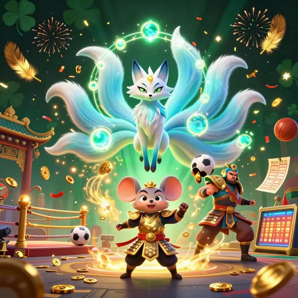Fox spirit and armored mouse amid coins, fireworks, sports betting props, and casino magic.