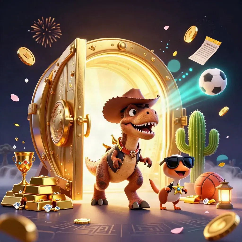 Cowboy T-Rex trio bursting from a golden vault with coins, gems, fireworks, and neon casino energy.