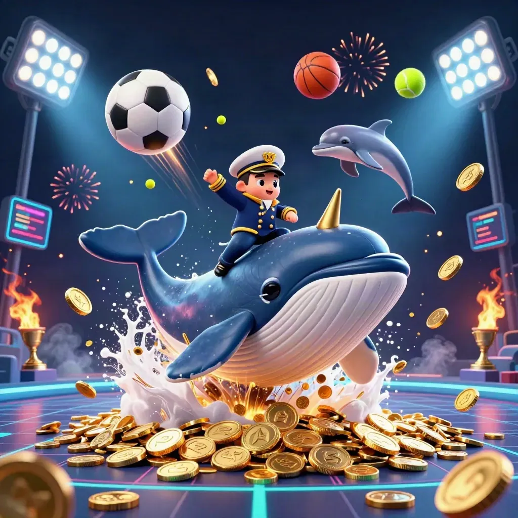 Whale, narwhal, dolphins burst through gold coins with sports balls, trophy, lights and fireworks.
