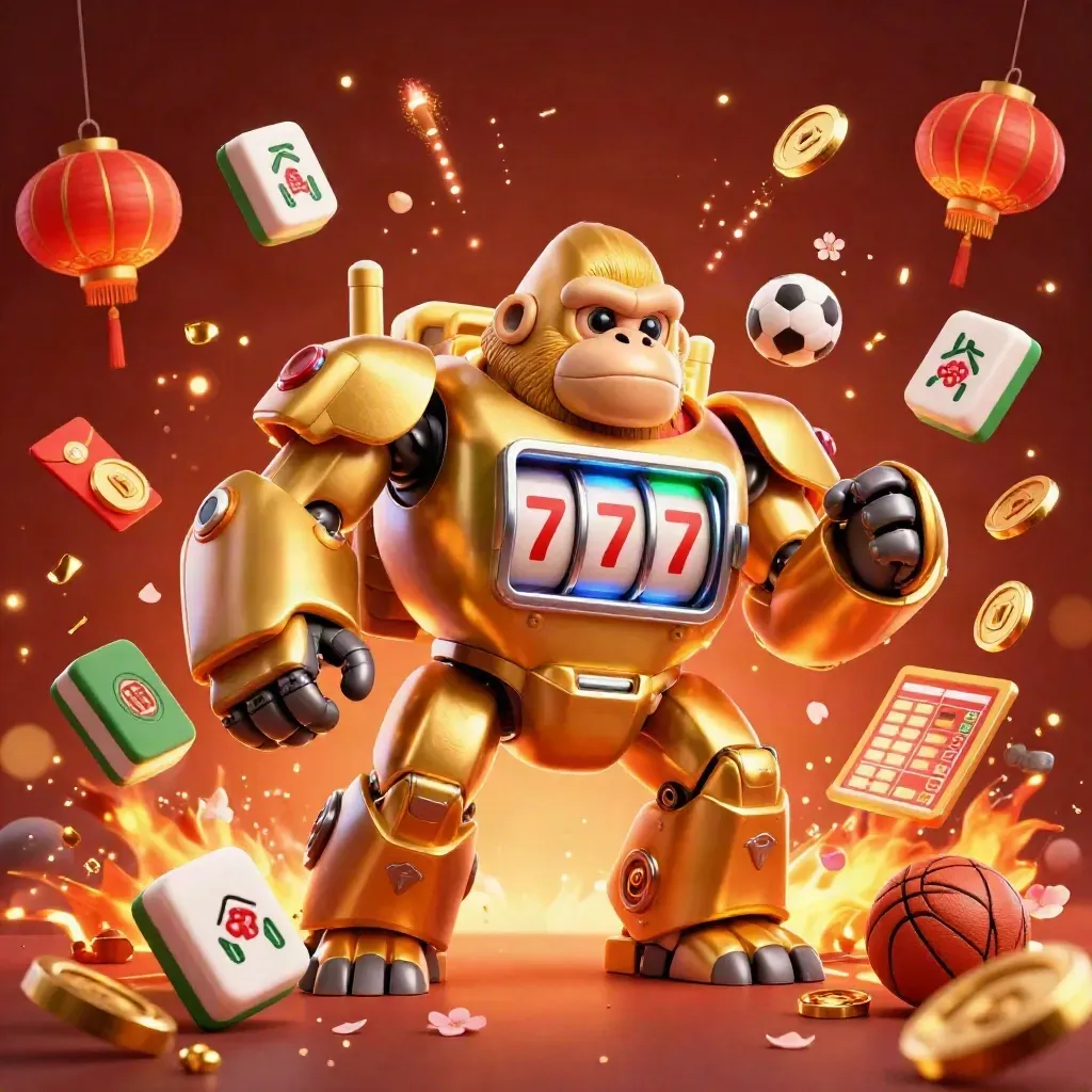 Golden gorilla slot-mech with monkey pilot amid coins, lanterns, fireworks and sports icons.