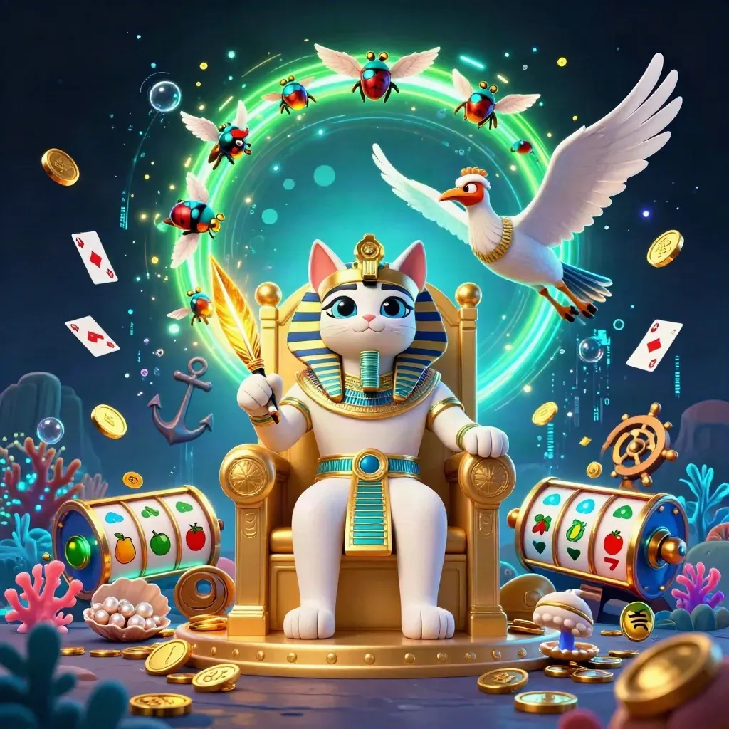 Pharaoh cat on a golden throne with ibis scribe, scarabs, coins, and neon casino effects.