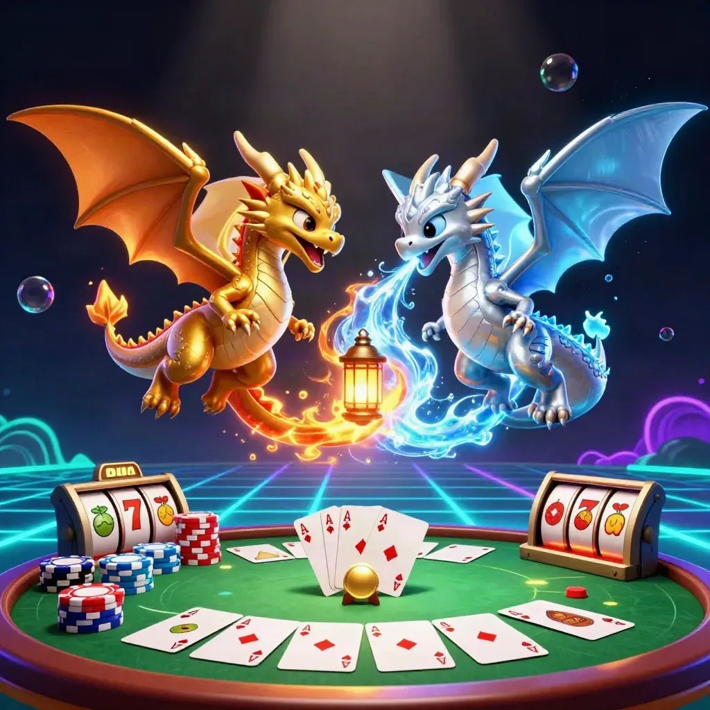 Gold and silver dragons spiral around poker chips, cards, reels, and a tiny lantern spirit in neon light.