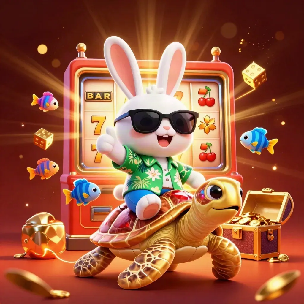Rabbit in sunglasses rides a golden turtle amid slots, coins, fish, and jackpot sparks