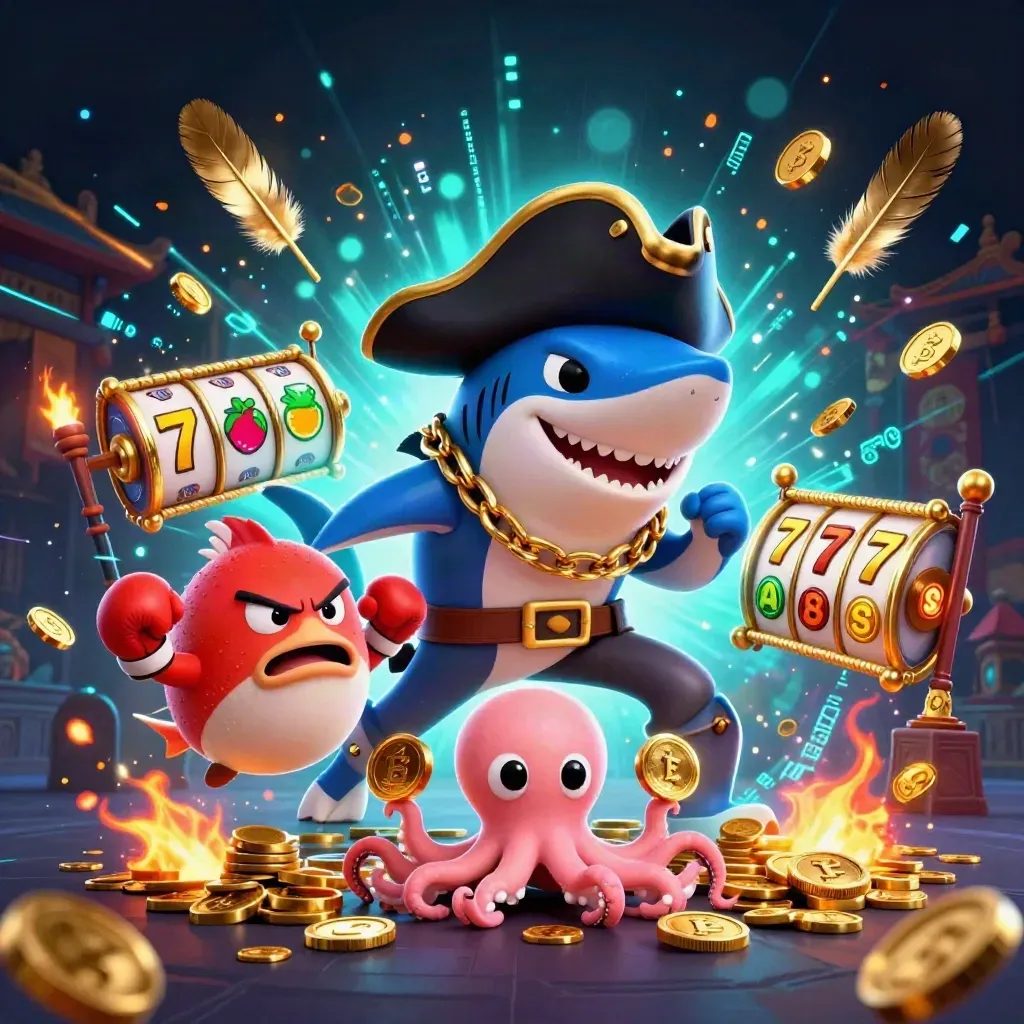 Pirate shark, boxing pufferfish, and coin-juggling octopus in a neon casino fantasy scene.
