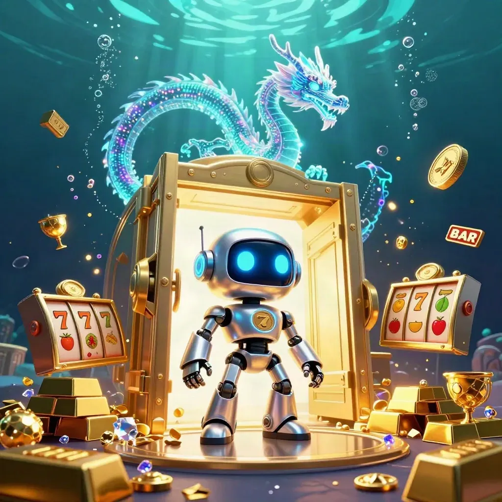 Robot mascot, holographic dragon and coin drone burst from a gold vault underwater with loot.