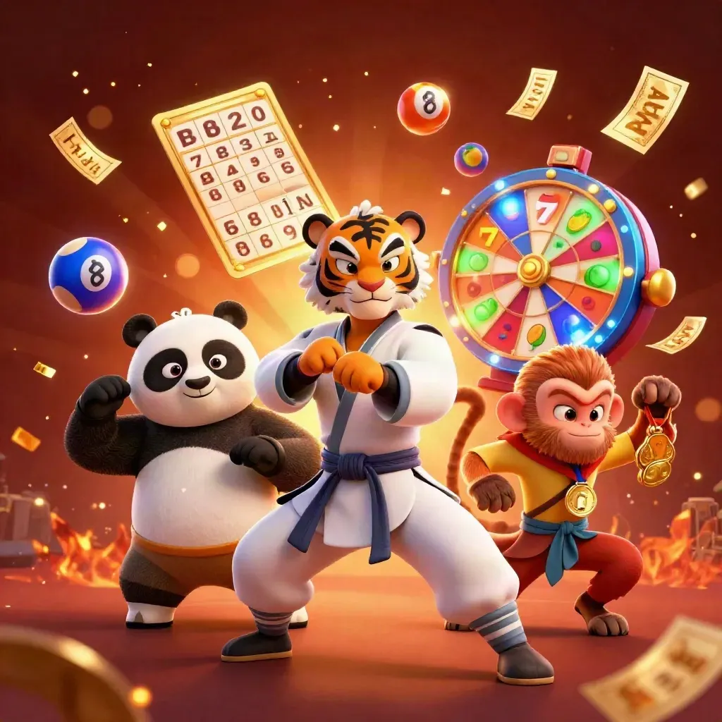 Kung-fu tiger, panda, and monkey amid casino bursts, reels, tickets, and ember glow