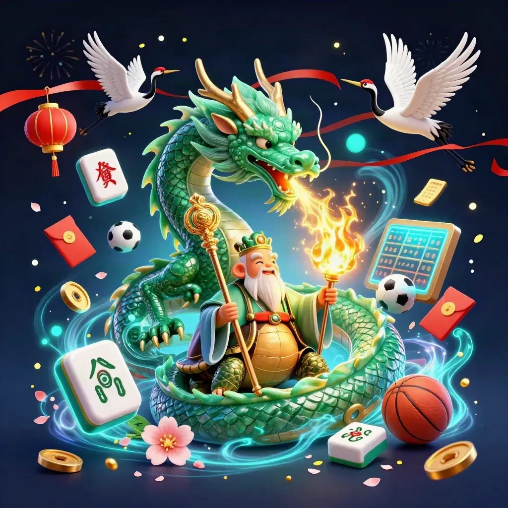 Jade dragon, turtle sage, and cranes amid casino rewards, fireworks, and neon gold glow.