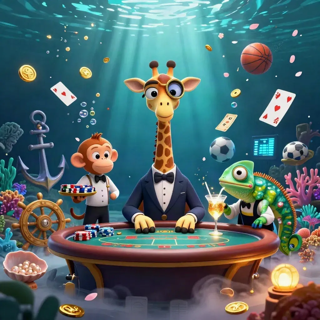 Giraffe, monkey, and chameleon at a VIP poker table in an underwater treasure cove.