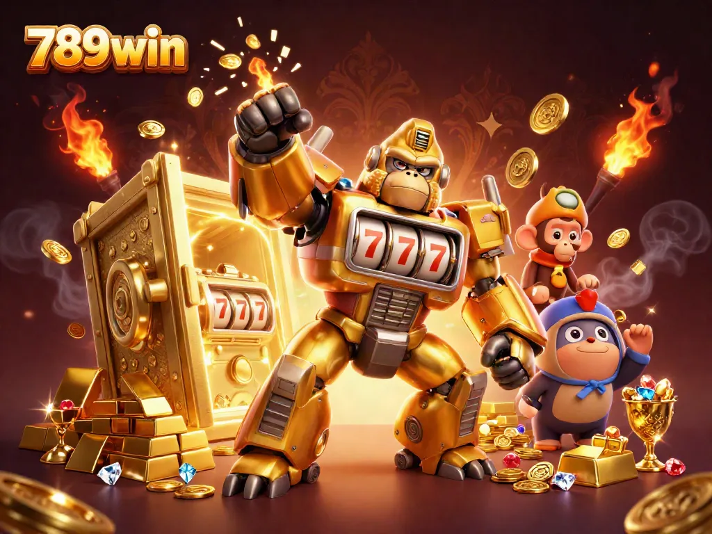 Experience thrilling wins at 789win with a golden mech and treasure-filled casino adventure.