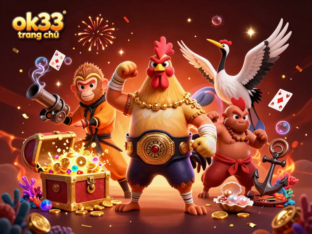 Experience the excitement of ok33 trang chủ with a dynamic casino scene featuring cartoon characters and game elements.