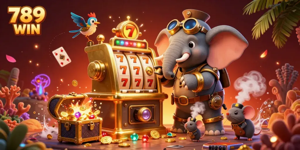 Experience the exhilarating world of 789 WIN through a vibrant 3D casino illustration filled with exciting game elements.