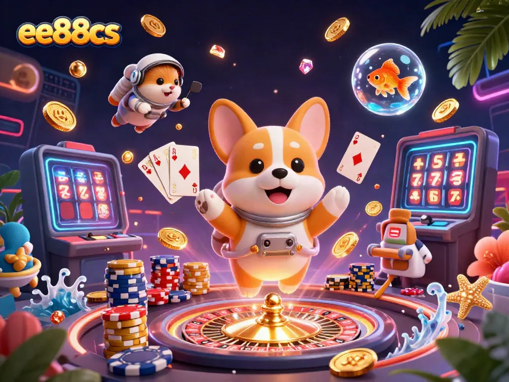 Engage in thrilling gameplay at ee88cs with floating chips and a cartoon astronaut in a casino.