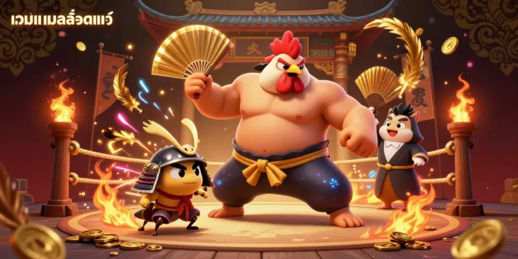 Experience the thrill of เว็บเกมสล็อตแท้ with this vibrant 3D illustration of a sumo rooster and samurai cricket.