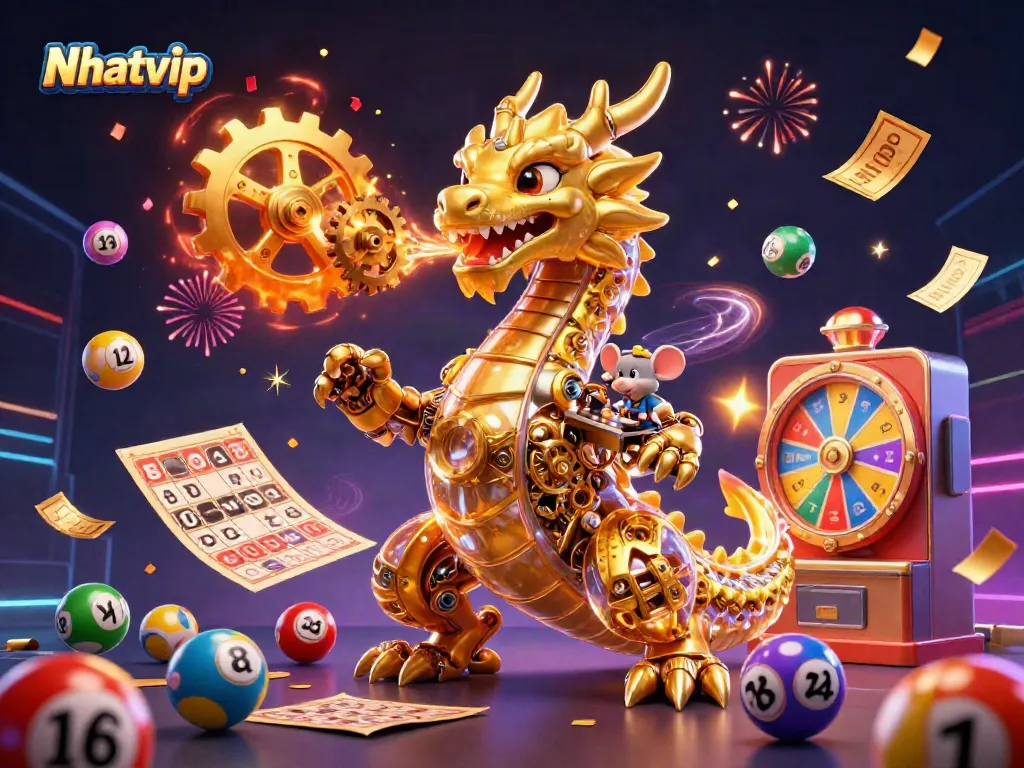 Nhatvip offers exciting gameplay with a golden dragon and vibrant lottery elements