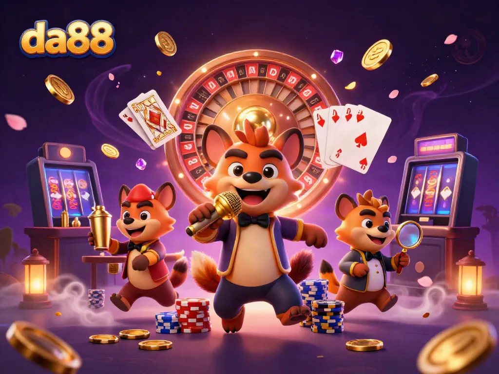 da88 hyenas running a comedy casino club with casino elements and golden coins