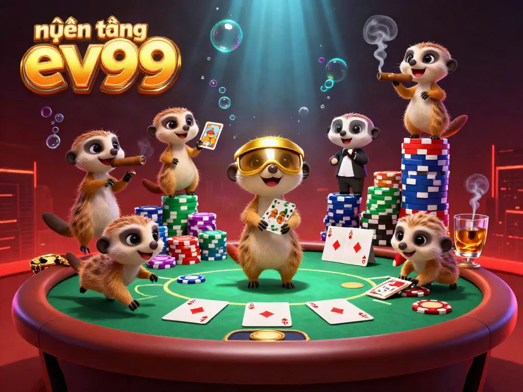 Engage with the exciting scene of nền tảng ev99 as meerkats orchestrate a casino operation filled with vibrant poker games and colorful chips.