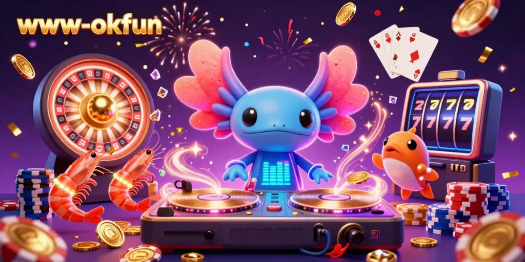 Experience winning moments with www-okfun, showcasing an interactive casino scene featuring vibrant characters and gambling elements.