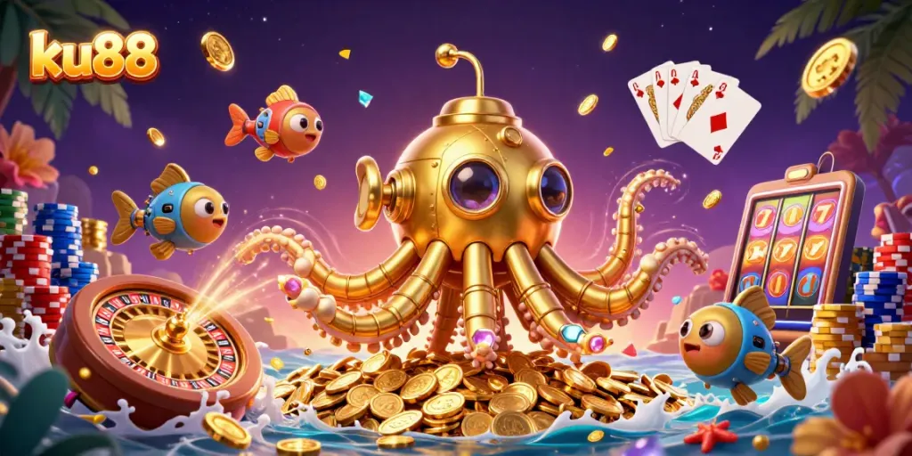ku88 casino illustration showcasing a golden kraken submarine amid cascading coins and gems.