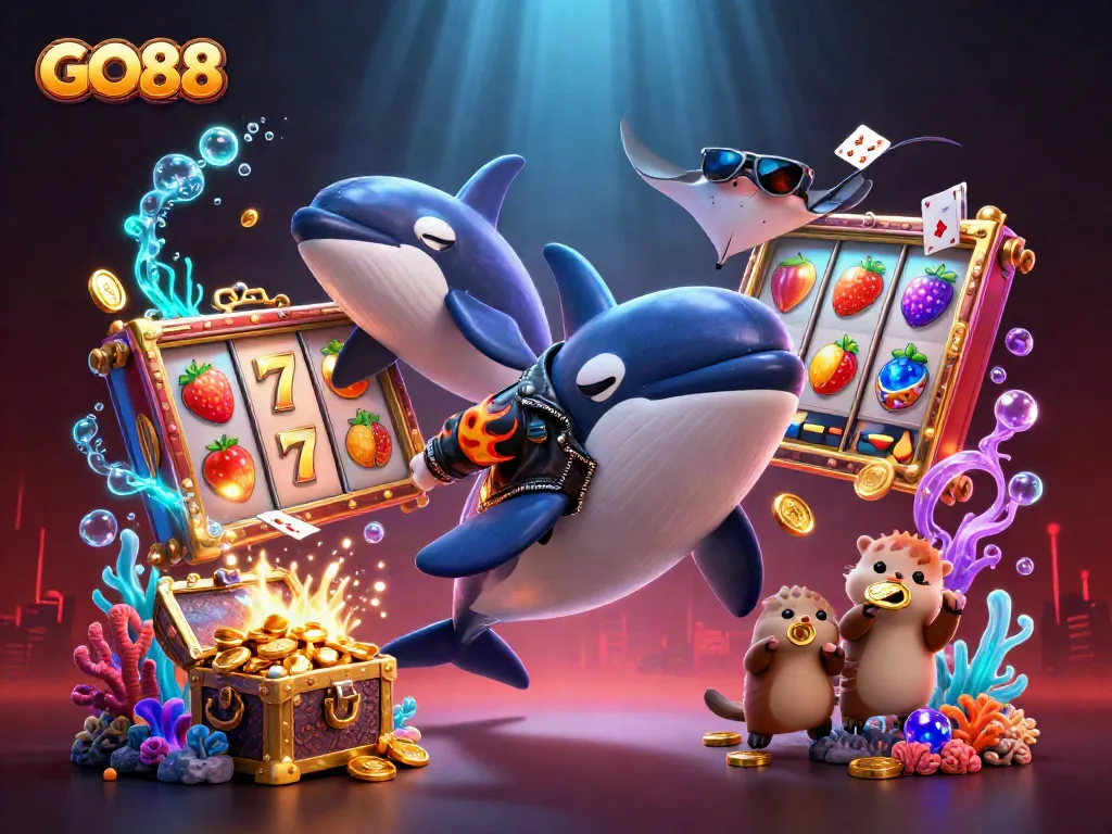 Experience vibrant gaming excitement with GO88 as cartoon characters celebrate with coins and slot elements.
