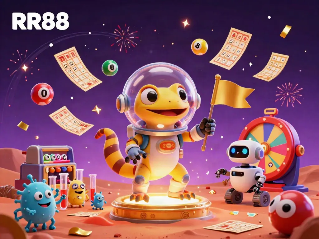 Experience thrilling gaming adventures with RR88 in a vibrant 3D casino world featuring dynamic lotto elements.