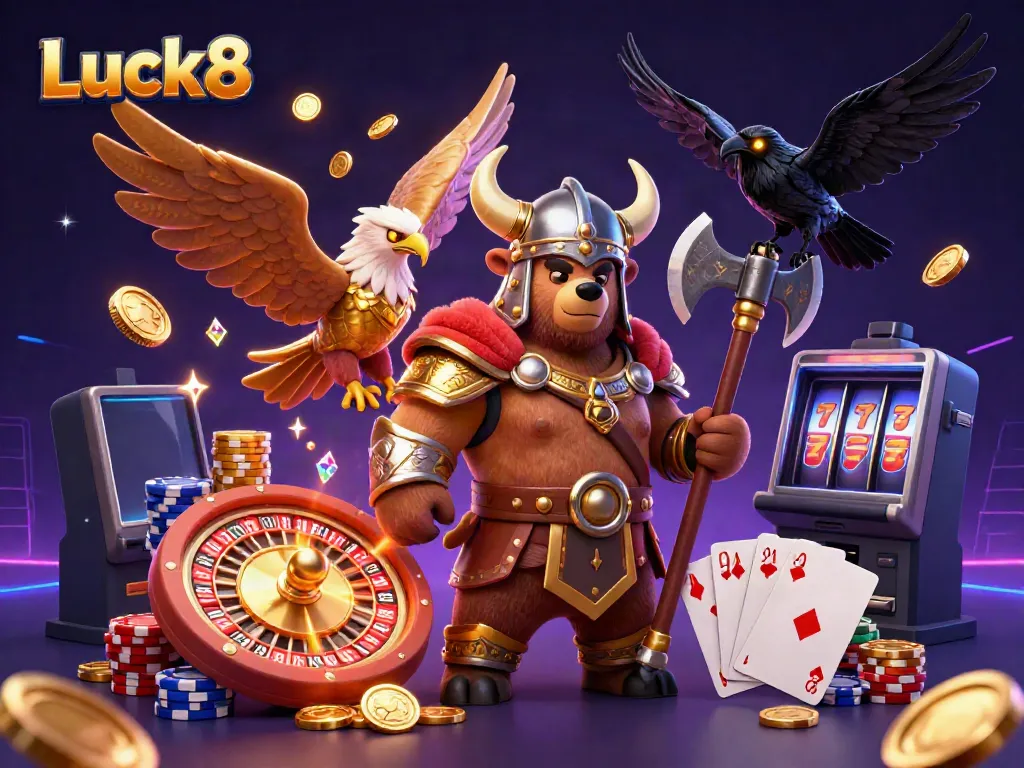 Experience the thrill of Luck8 with vibrant gameplay scenes featuring Viking characters and casino elements.