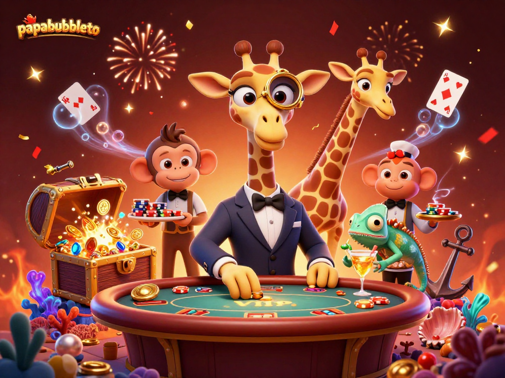 Experience excitement at papabubbleto's casino table with a high-roller giraffe, monkey valet, and chameleon bartender amidst golden treasures.