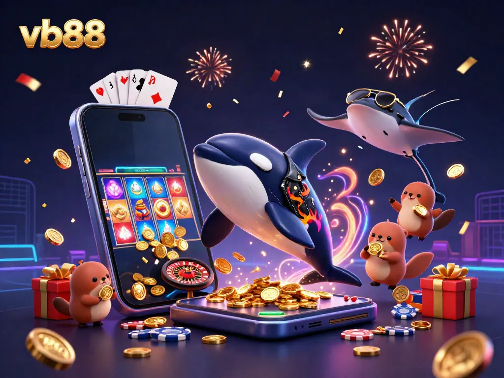 Engage with dynamic vb88 gaming featuring an orca, stingray, and otters around colorful casino elements.