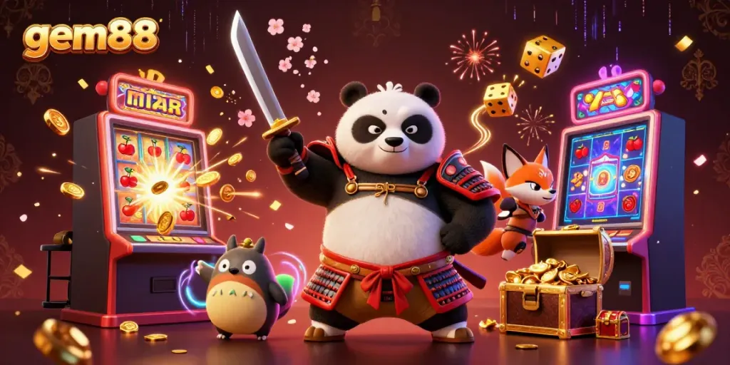 Experience thrilling gameplay with gem88 featuring vibrant 3D characters and exciting slot machines in a vivid casino scene.