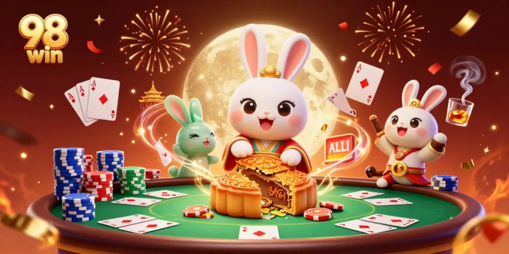 Join the fun at 98 win with a vibrant casino scene featuring poker chips and games.