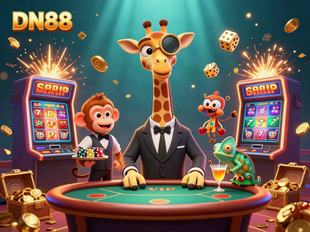 Join the excitement at DN88 with a high-roller giraffe, monkey valet, and chameleon bartender showcasing vibrant casino elements.