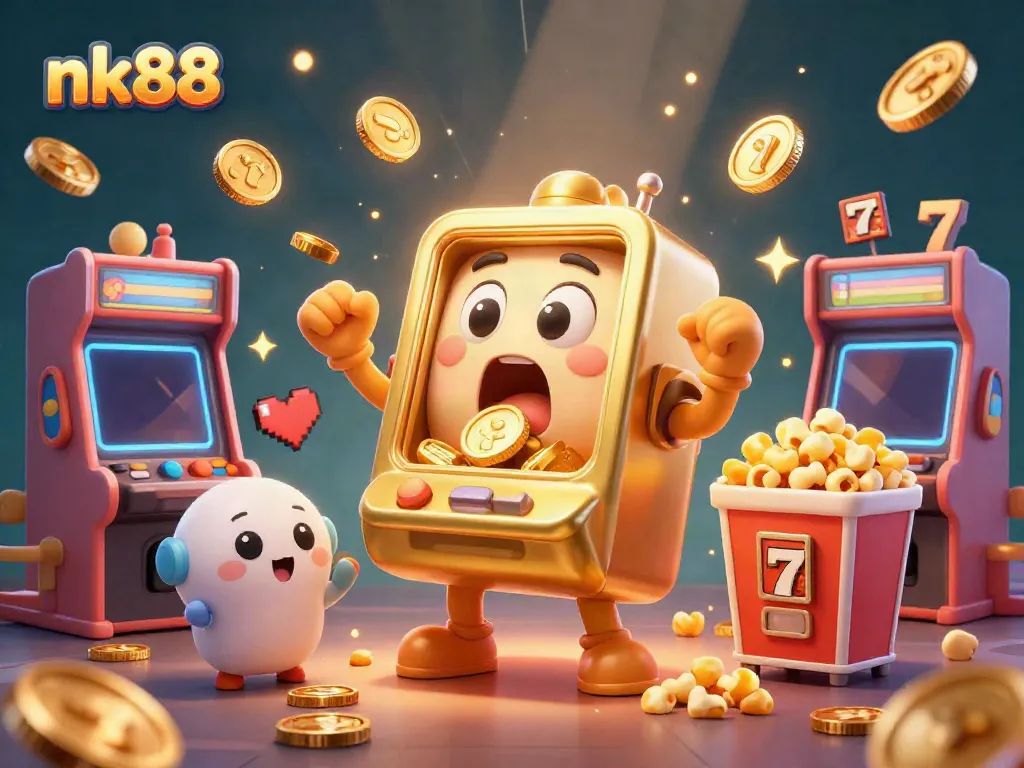 Celebrate jackpots at nk88 with vibrant slot machines in a dynamic colorful casino scene.