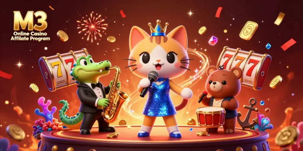 Experience the thrill of the M3 Online Casino Affiliate Program with vibrant gaming characters amidst sparkling details.