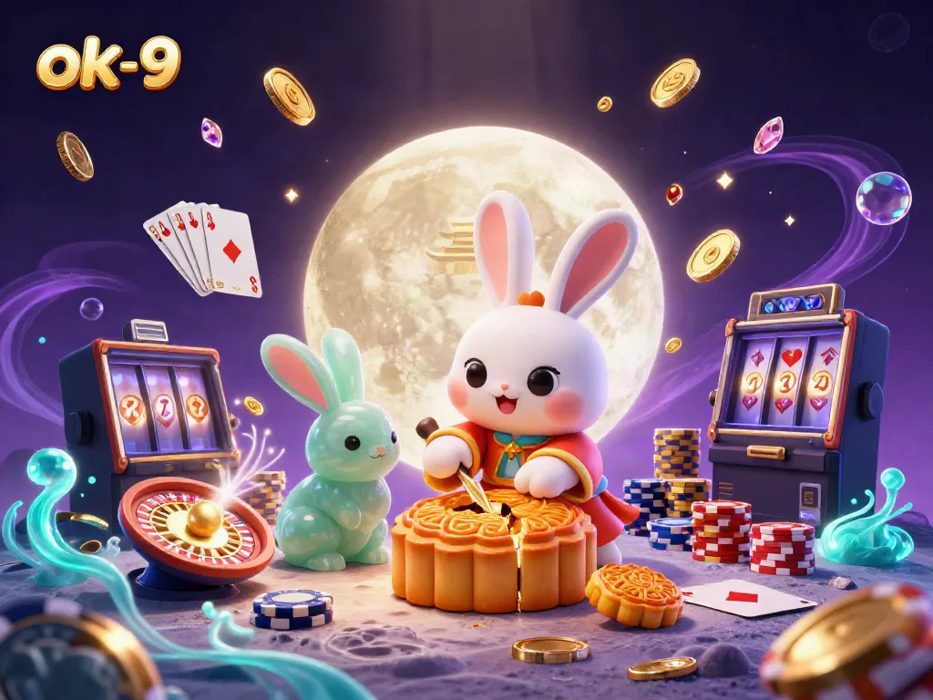 Experience ok-9 gaming adventures with a dynamic scene featuring moon rabbits, poker chips, and glowing treasures.
