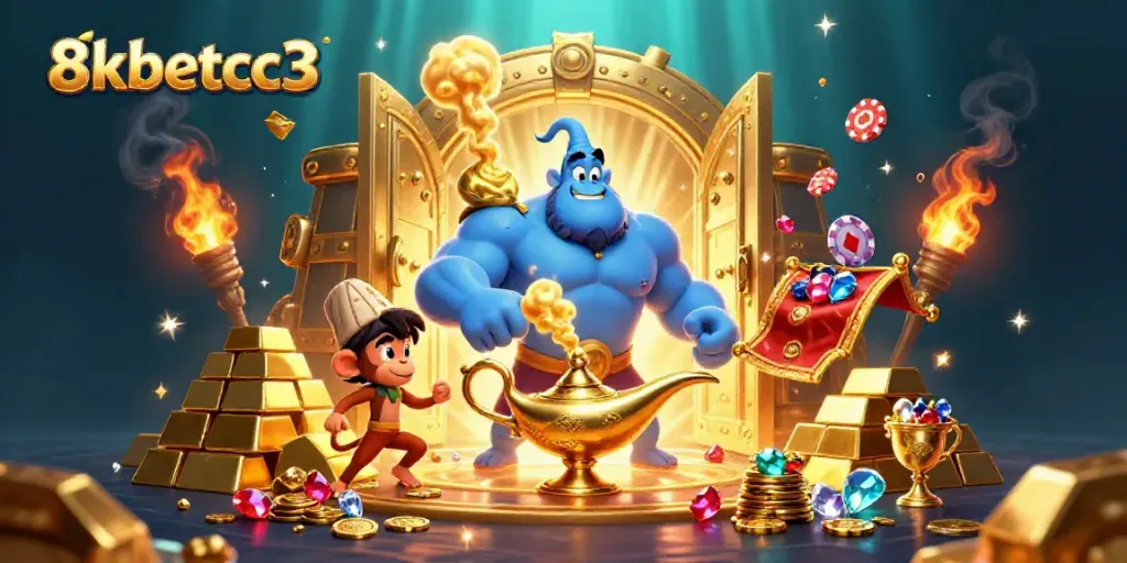 Engage in the magical world of 8kbetcc3 with genie, treasures, and colorful casino elements