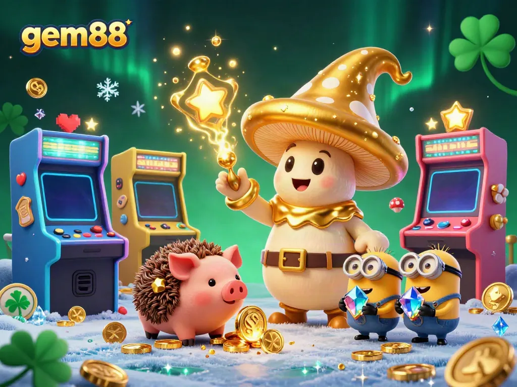Experience excitement with gem88 as a golden wizard and truffle pig find treasures amid dynamic casino elements.