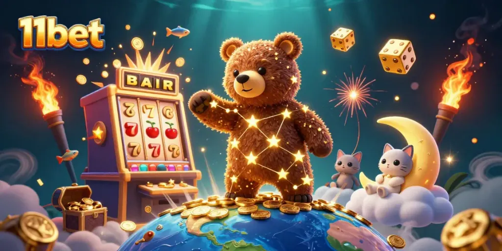Experience the thrill of 11bet with a vibrant, dynamic casino illustration showcasing winning moments from slots and games.