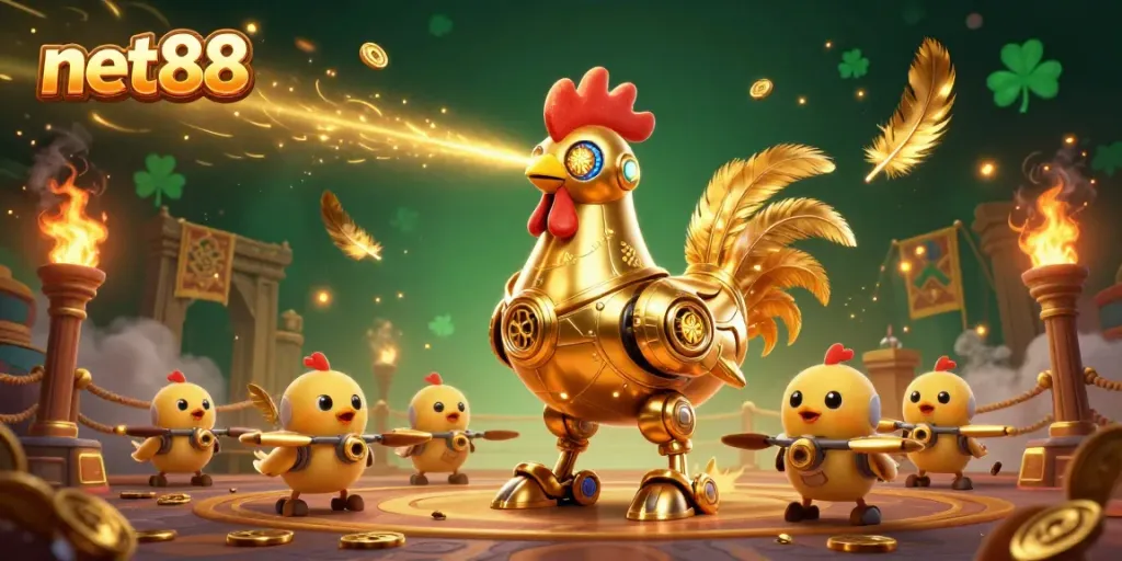 Engage in thrilling betting action with net88 as you witness a golden rooster robot in an arena.