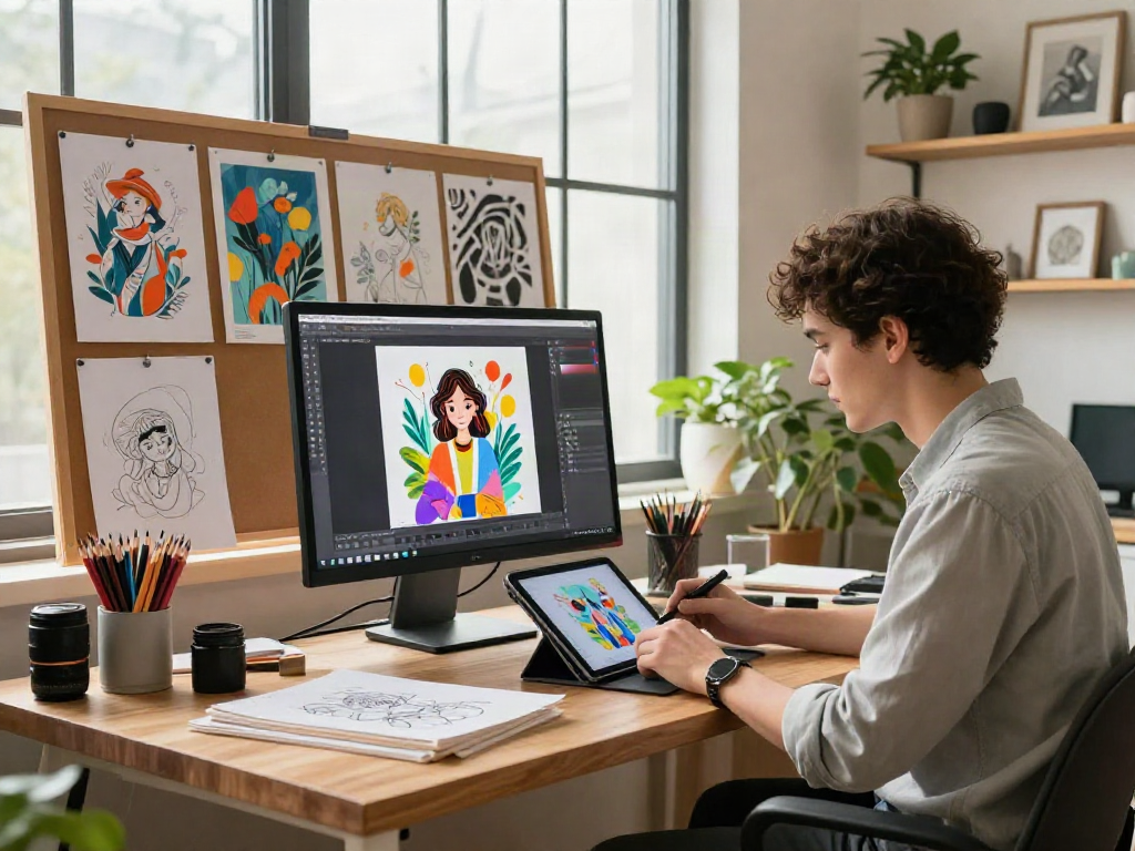 Creative designer using an ai image editor in a modern digital art studio filled with vibrant illustrations and natural light.