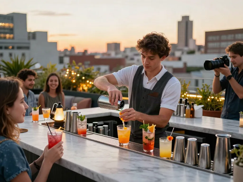Rooftop bar at sunset featuring nohu cocktails and vibrant city skyline.