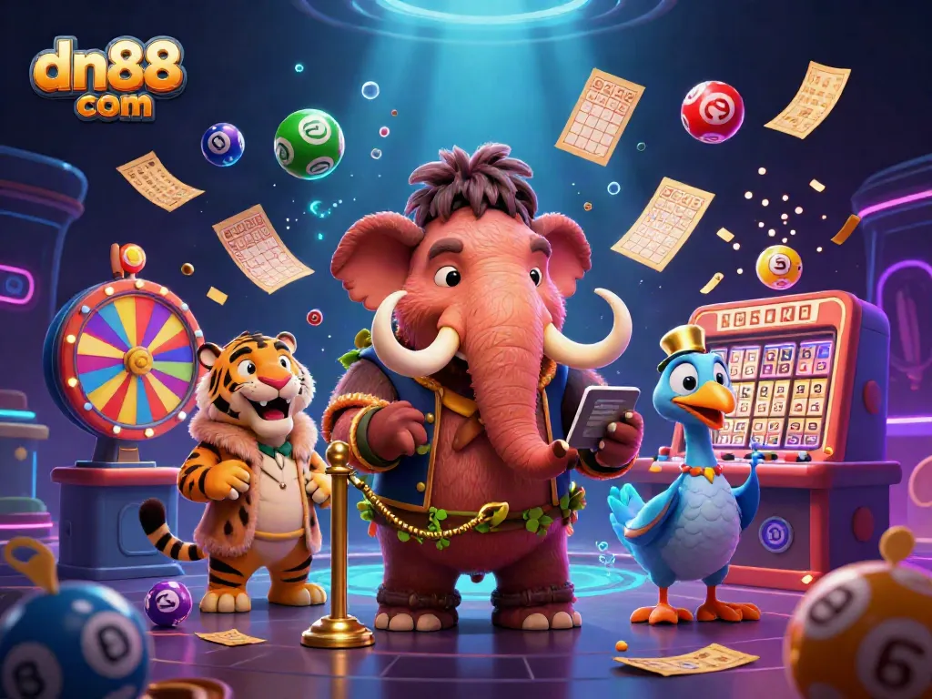 Vibrant scene illustrating dn88 com with a woolly mammoth bouncer, saber-tooth tiger guest, and colorful lottery balls.